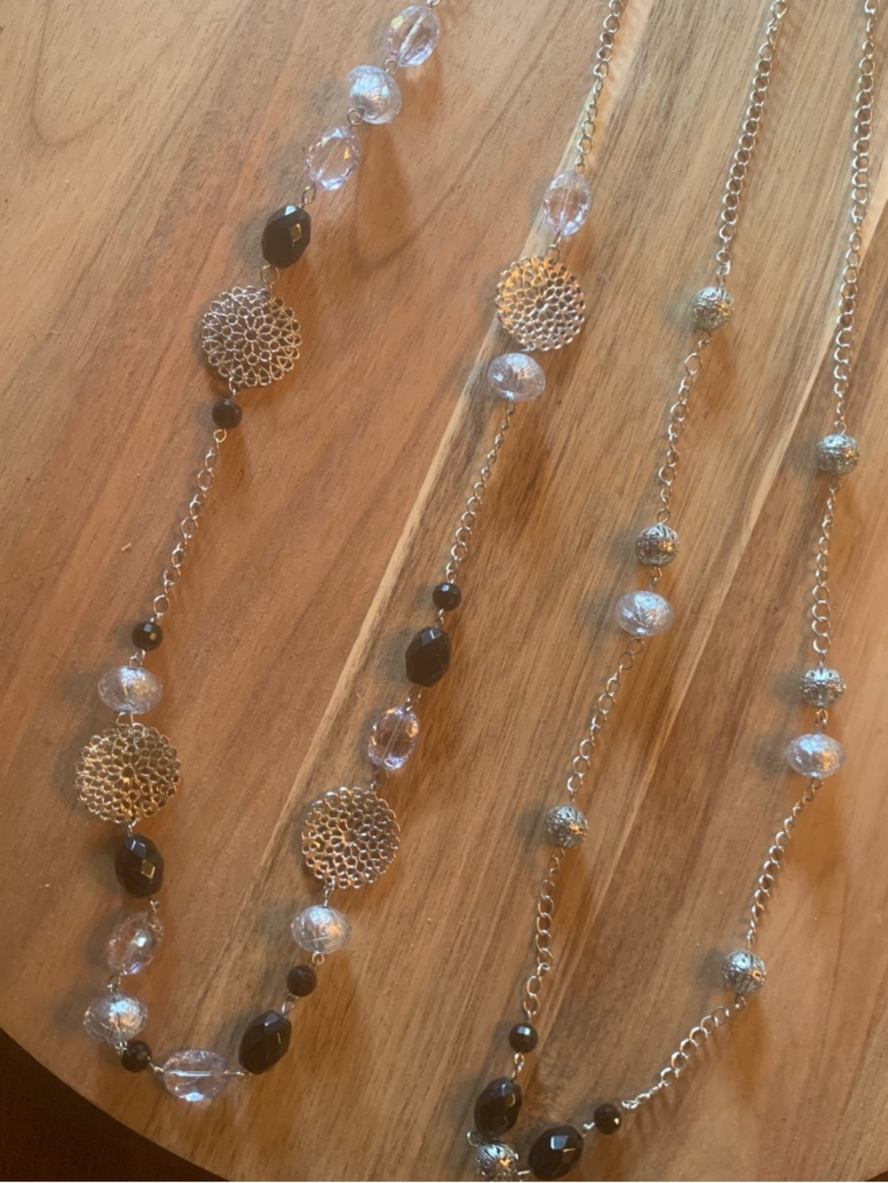 Long Layered Silver Necklace with Black and Clear Beads - adjustable up to 21”